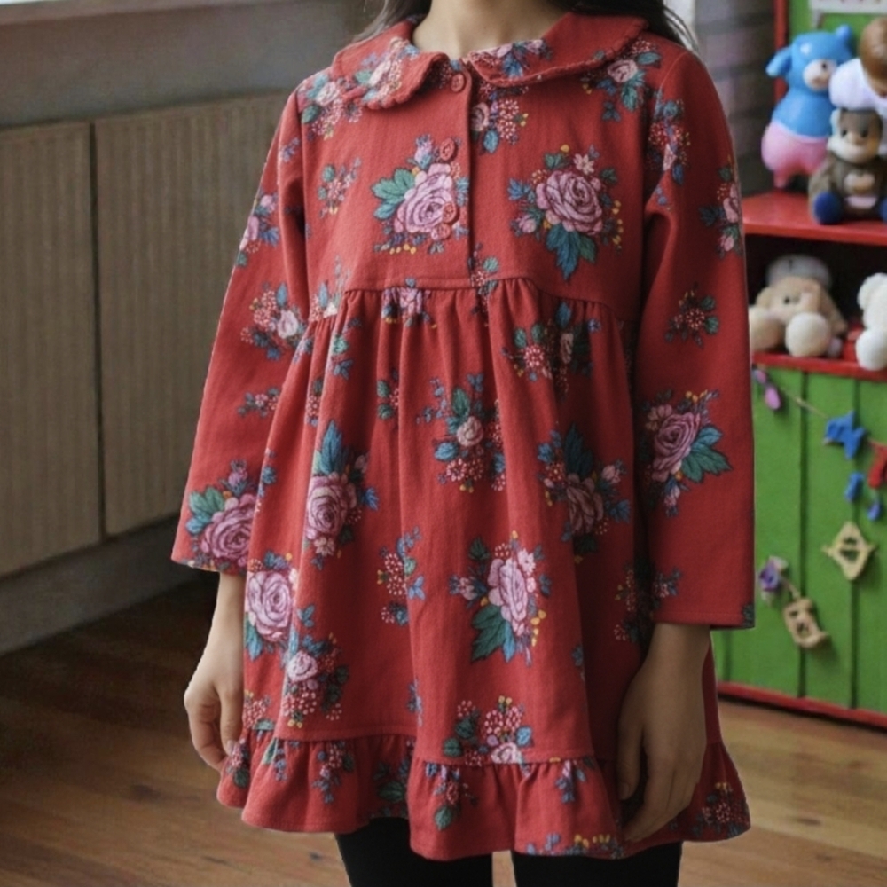 🦜 2/$10 Vintage McDonald's McKids Red Flower Long Sleeve Dress.
